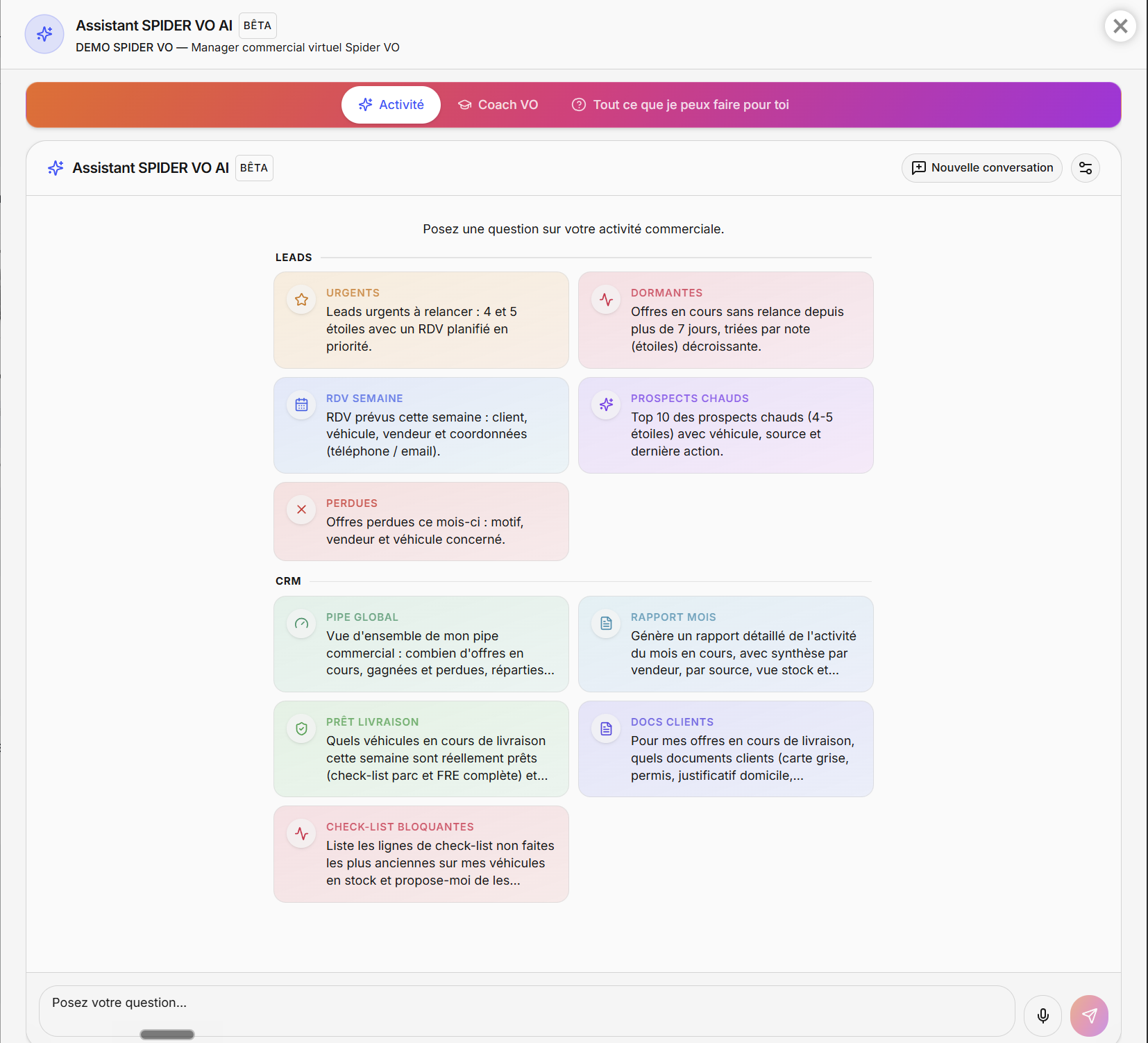 Interface conversationnelle de l'Assistant IA Spider VO